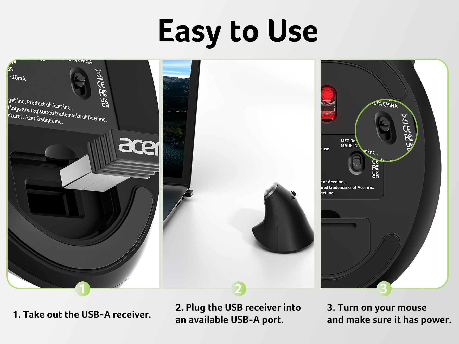 Acer Ergonomic Mouse Wireless, Vertical Computer Mouse for Office, Ergo Mice Rechargeable for Medium to Large Sized Hands, 2.4GHz USB Receiver, 800/1200/1600 DPI, 6 Buttons for Laptop, PC and Desktop