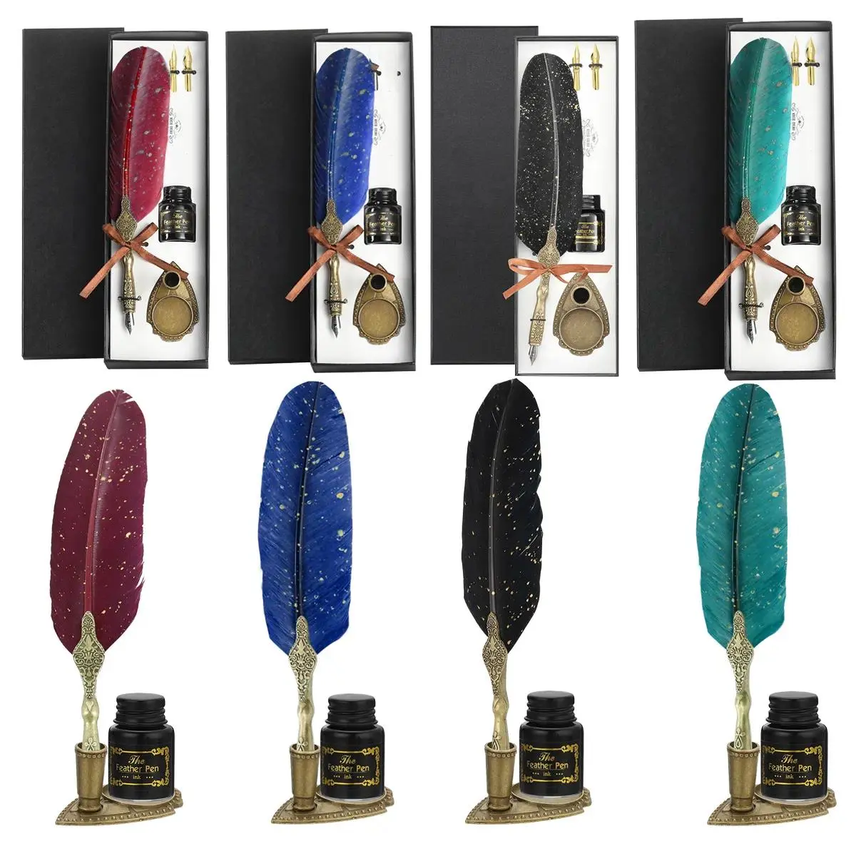 Classic Goose Quill Dip Pen Set, Vintage Feather Calligraphy Kit with Ink, Carving Pen Holder for Holiday Birthday Present