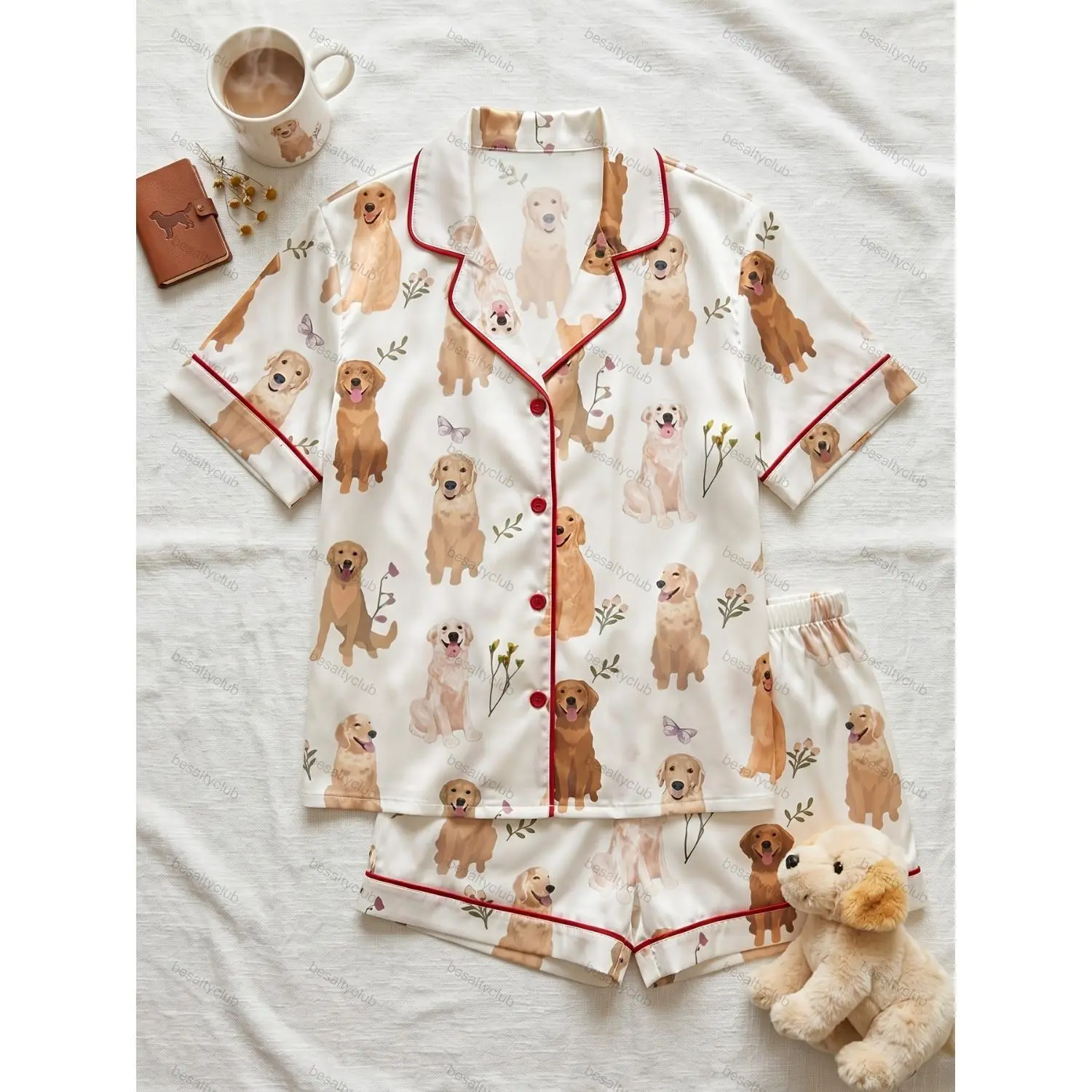 Women's Luxurious Satin Pajama Set with Golden Retriever Pastoral Print, Short-Sleeve Button-Up Top and Shorts, Soft & Comfortable Fit, Vivid Print, Perfect for Home and Party Wear, Year-Round Use, Ideal Gift