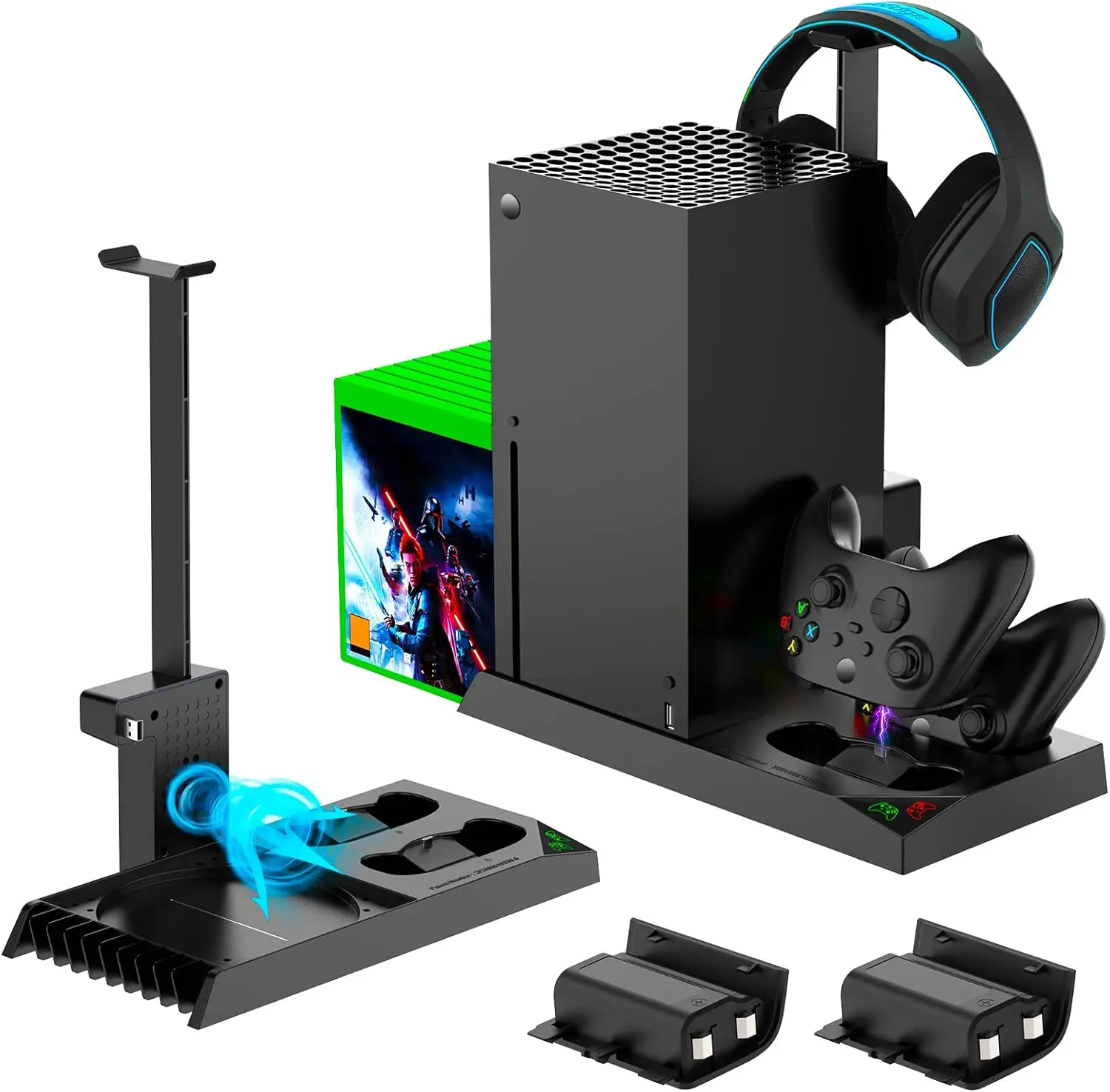 FASTSNAIL 6in1 Vertical Cooling Stand with LED Light for Xbox Series X, for Xbox Series x Accessories with 2x1400mAh Batteries, Dual Controller Charging Dock Station & Headset Stand & 10 Game Slots
