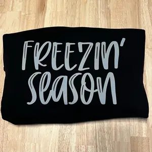 Women's Freezin' Season Pull Over Crewneck Hoodie Sweatshirt Black with Text Design Womenswear Tops Pullover Casual