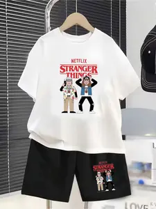 Stranger Things Netflix American Tv Series Printed Children's Set, Summer New Style Boys' And Girls' Unisex Short-Sleeved T-Shirts + Shorts 2-Piece Set, Comfortable, Casual, Fashionable And Versatile For Daily Use, Ideal Gift Choice
