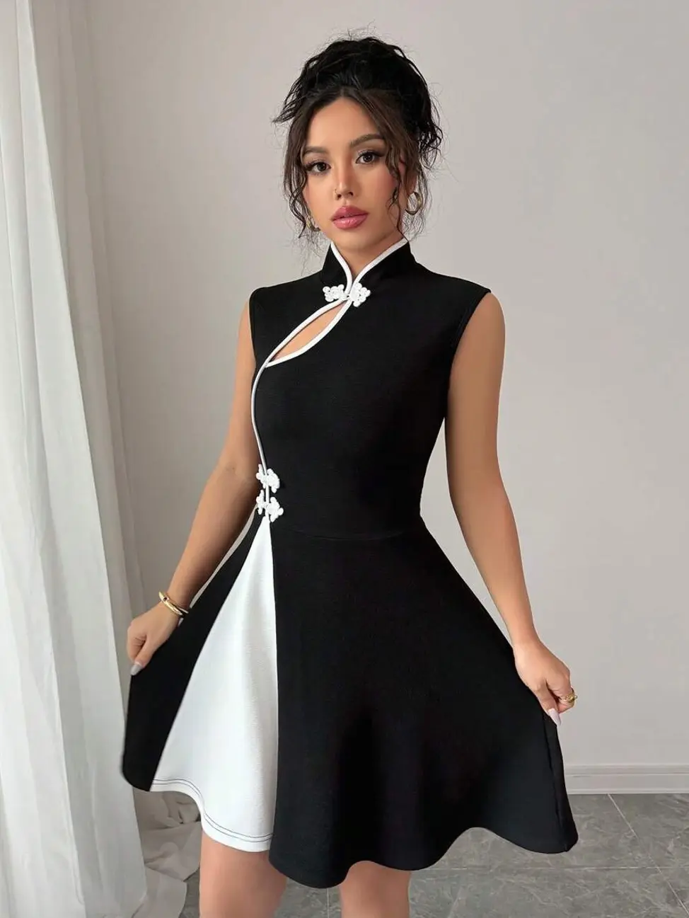Women's Polo Collar Color Blocking Elegant Dress With Button Design -  TikTok Shop