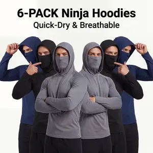 Set of 6 men’s hooded sweatshirts with a face mask design, made from high-elasticity, quick-drying, breathable fabric—ideal for outdoor fishing and running.