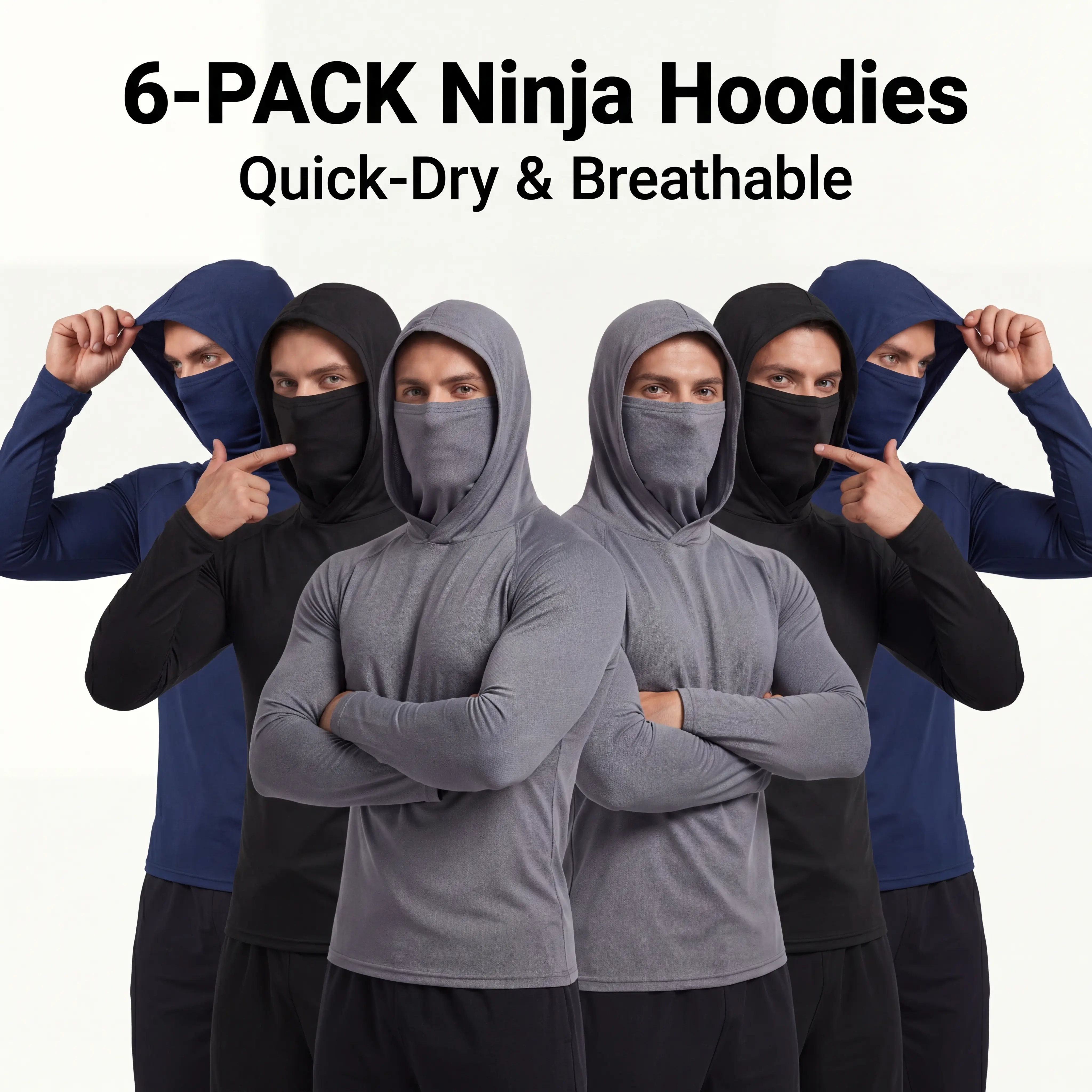 Set of 6 men’s hooded sweatshirts with a face mask design, made from high-elasticity, quick-drying, breathable fabric—ideal for outdoor fishing and running.