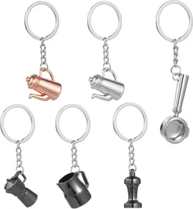 6 count Coffee Series Charm  Sets Coffee Pitcher Pot Pendant Key Holder Miniature Novelty Keyring for  Year Christmas Lover Assorted Color, 10.5X3.3X1CM