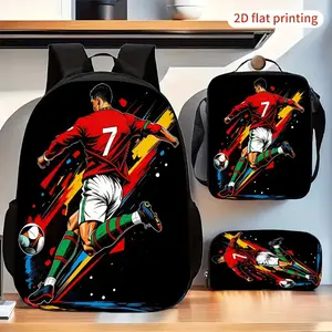 CR7 Portugal No.7 Kids' 3PCS Backpack Set - Waterproof Large-Capacity School Bag with Insulated Lunch Box, Pencil Pouch, Black Background Dynamic Kick Pose Football Print for Boys (CR7 Fans)