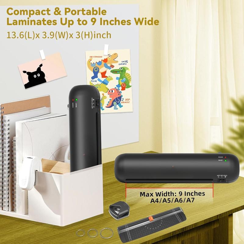 Laminator Machine 9-Inch Portable Thermal Laminater with Hot & Cold Modes, A4 Small Laminating Machine with ABS Jam-Release, 3-Min Warm-Up, 6-in-1 Photo Laminadoras Kit for Office & Classroom, Black