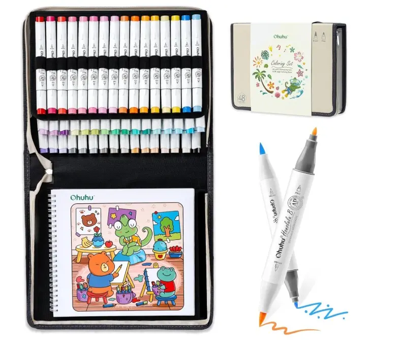 Ohuhu Honolulu B 48 Colors Alcohol Markers with Coloring Book, AP Certified Brush & Fine Dual Tip Refillable Art Markers for Adult Coloring, Illustration, Stress Relieving Gift for Artists