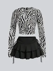 Two-Piece Set Women's Zebra Stripe Print Crop Top & Pinafore Skirt, Casual Fashion Cozy Outfits for Daily Outdoor Wear, Women Clothes for Spring Fall, Suits