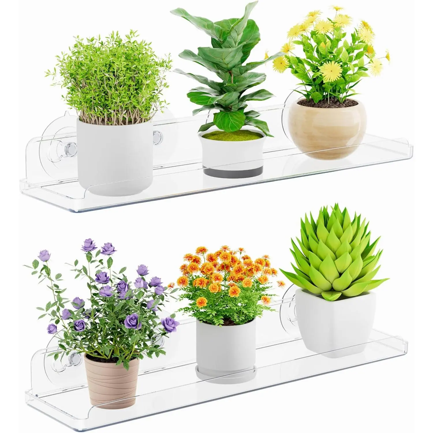 Window  Floating Shelves 15 x 4 inch, 2 Pack  Suction Cup Shelf, Window Sill Extender for Indoor Succulent ,  Greens, Seed Starter Pots,  Planters