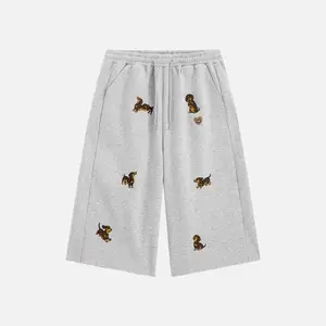Aelfric Eden Dachshund Longline Shorts High Waist Oversized Wide Leg Longline Fit Dachshund Embroidery Detail  Drawstring Elastic Waist Soft Fabric Cute Casual Streetwear Unisex Bottoms