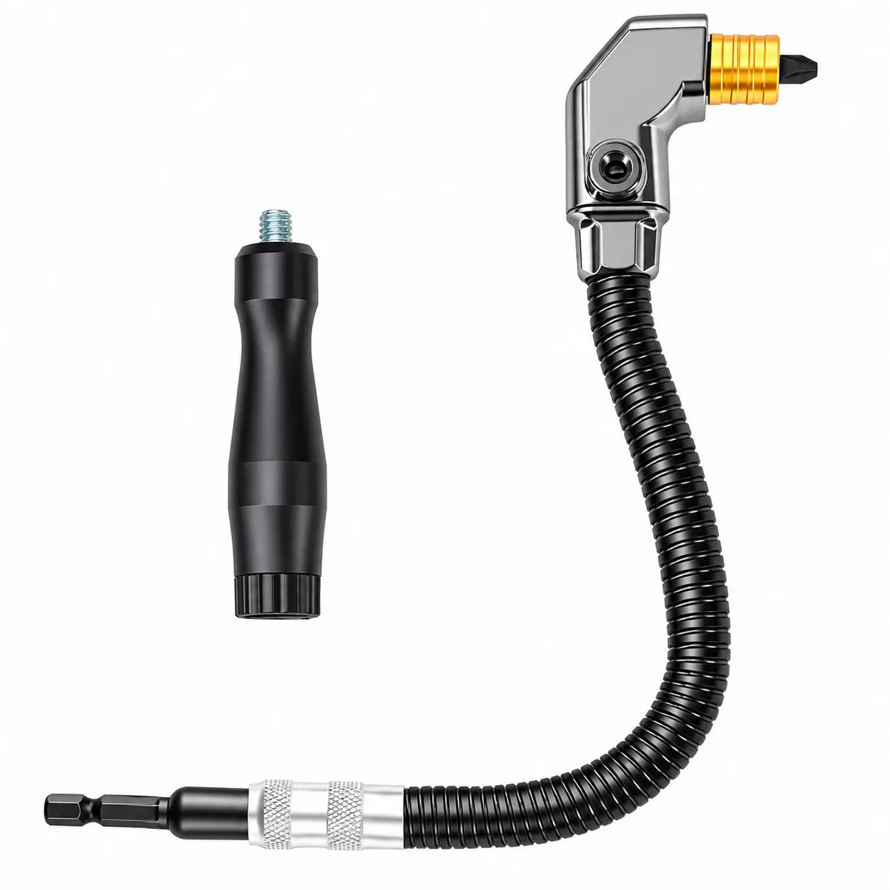90-Degree Right Angle Drill Adapter Kit, Flexible Extension Shaft with Detachable Handle, Screwdriver Bit Holder for Tight Spaces