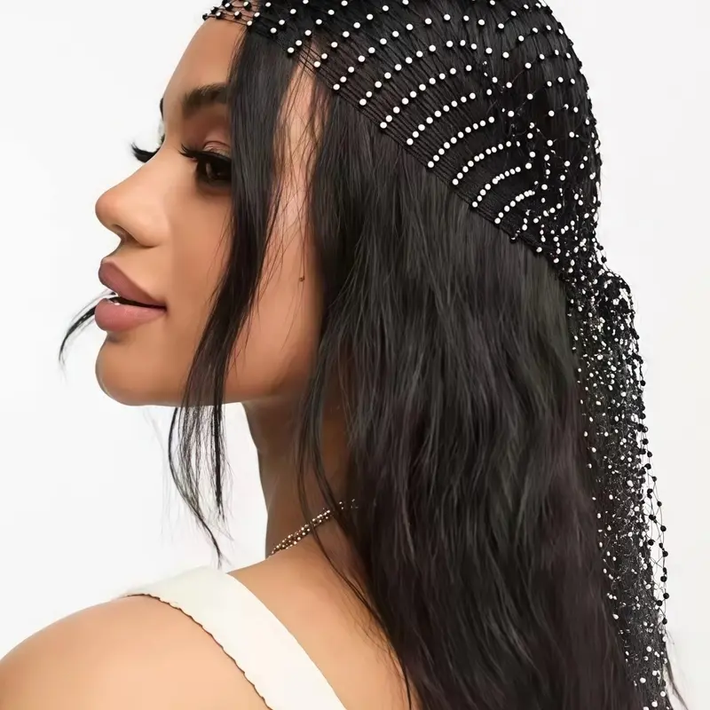 Shiny Mesh Zigzag Bling Hair Headband with Rhinestone Net Hair Hat, Elastic Hair Band for Parties, Birthdays, Casual Fitted Baseball Cap