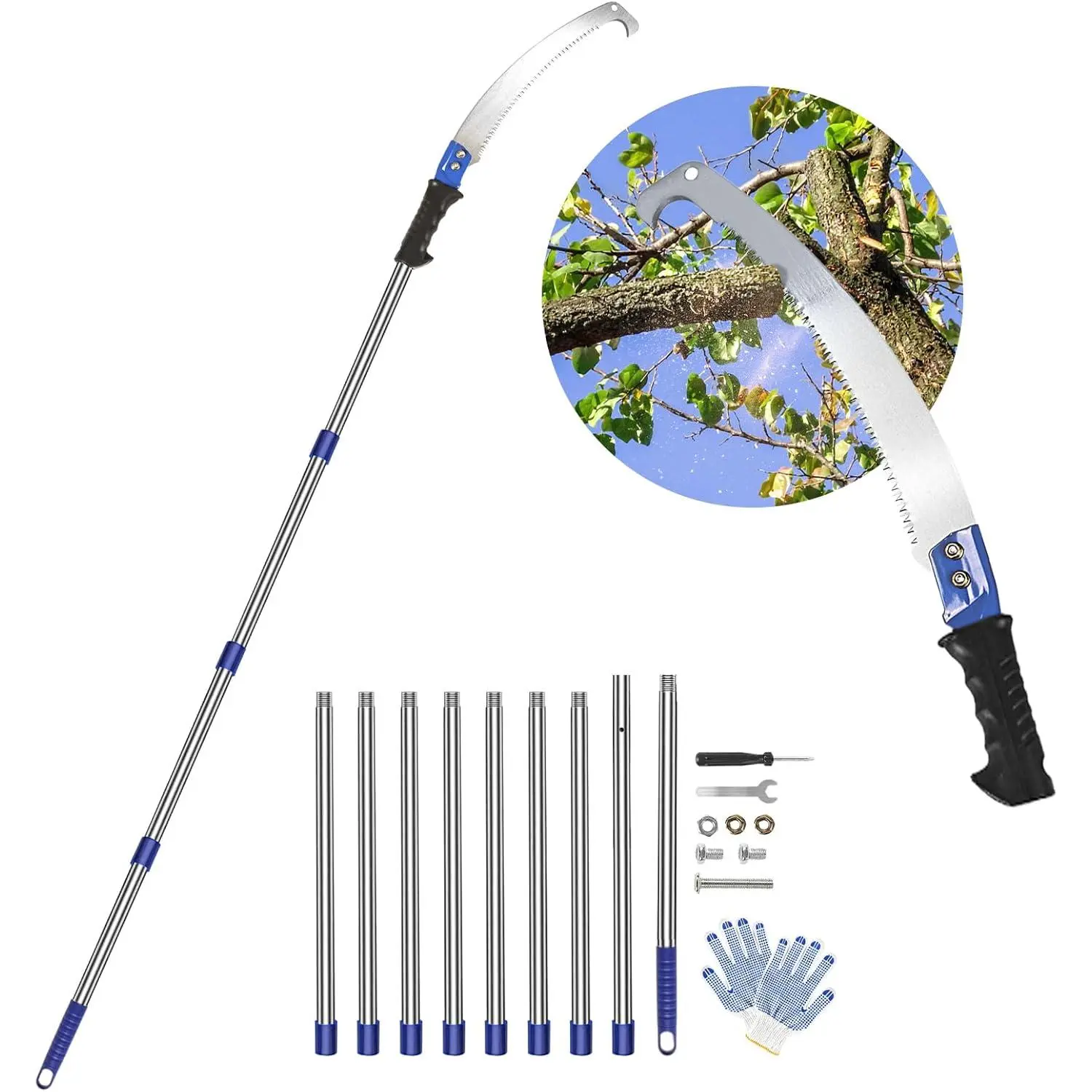 14-Foot Extendable Pole Saw for Tree Trimming, Manual High Pruning Saw with Stainless Steel Blade, Extension Bar for Trees, Bamboo, Wood, and Plastic Cutting