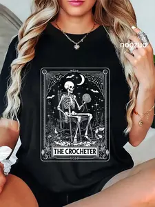 100% Cotton Skeleton The Crocheter Tarot Card Knitter Crochet Lover T-Shirt