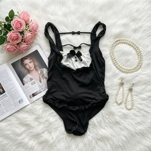 Cute Bunny Girl Kawaii Anime Cosplay Bodysuit Set Black White Rabbit Ears Headband Ruffle Suit for Women Fun Party Roleplay Costume Outfit Womenswear Birthday Clothes Fabric Halloween Matching Polyester Stretchy