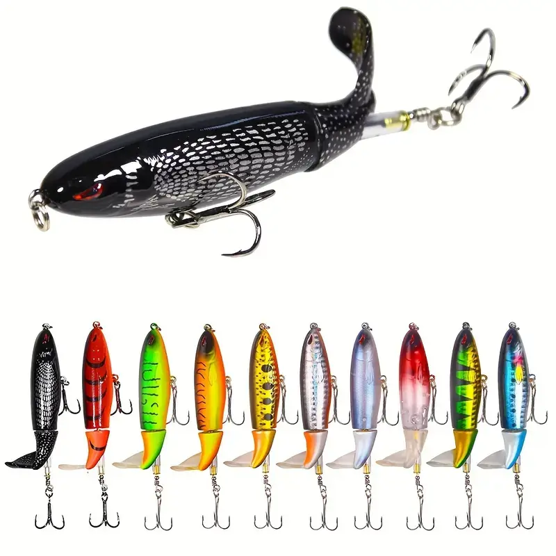 10pcs Whopper Topwater Fishing Lures Kit for Bass Fishing, Floating Popper with Rotating Tail, Barb Treble Hooks for Salt/Fresh Water