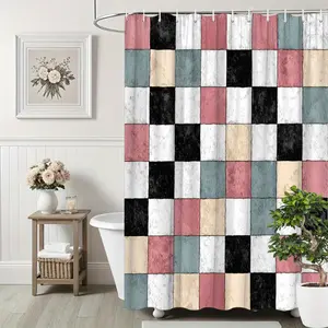 2D Flat 1Pc Vintage Abstract Checkered Shower Curtain - Colorful Design, 71x71inch, comes with 12 hooks, washable, suitable for all seasons, ideal for modern home aesthetics, bathroom decor and accessories, elegant shower curtain, durable shower curtain,