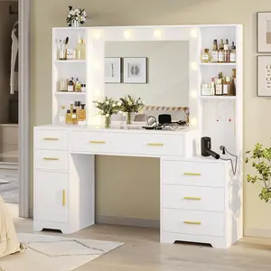 Sikaic Modern Design 48.8 Inches Large Makeup Vanity Desk with Drawer Lighted Mirror & Aesthetic Glass Tabletop Home Organizing Interior