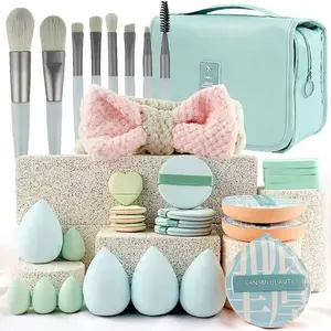 33PCS Beauty Tool Set, Complete Makeup Brush and Powder Puff Combination with Travel Makeup Bag
