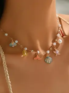 Boho Starfish Shell Tail Coral Alloy Pendant Necklace, Boho Style Jewelry, Adjustable Chain, Daily Vacation Wear, Holiday Gift, Best Friend Present