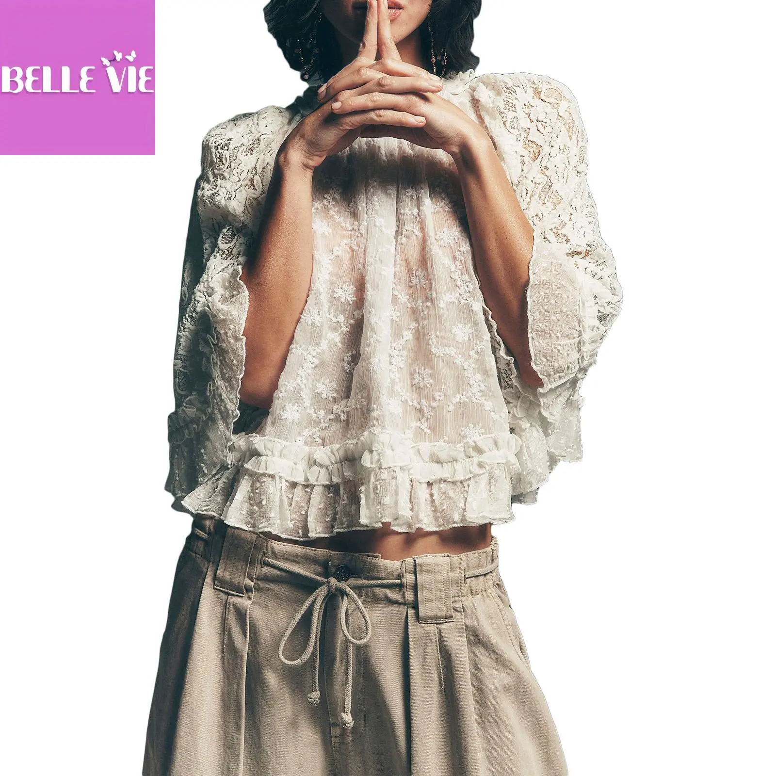 Women's Flowy Boho Sheer Lace Blouse with Comfortable Long Flared Ruffle Sleeves, Round Neck for Parties