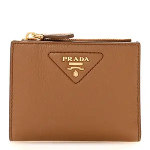 Pre-owned PRADA Leather Small Leather Goods Vitello Daino Triangle Small Wallet Caramel
