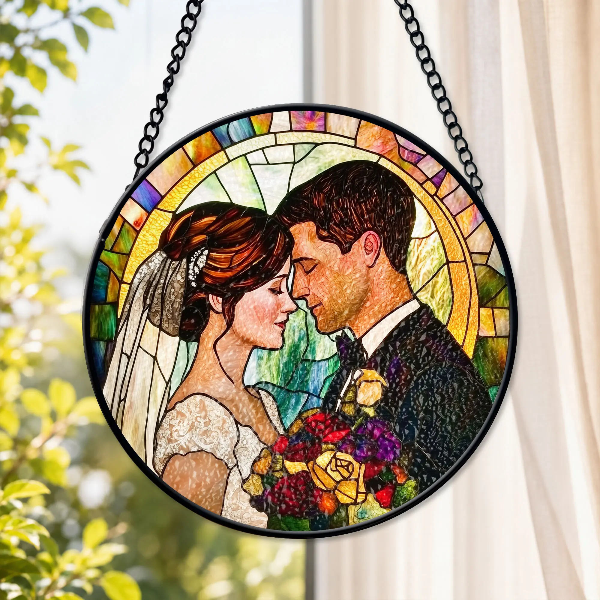 Personalized Faux Stained Glass Couples Portrait From Photo, Wedding Portrait Suncatcher, Anniversary Gift, Valentine Couple Gift, Wedding Gift, Custom Bride and Groom Window Hanging, Newlywed Gift, Wedding Keepsake Decor for Couple