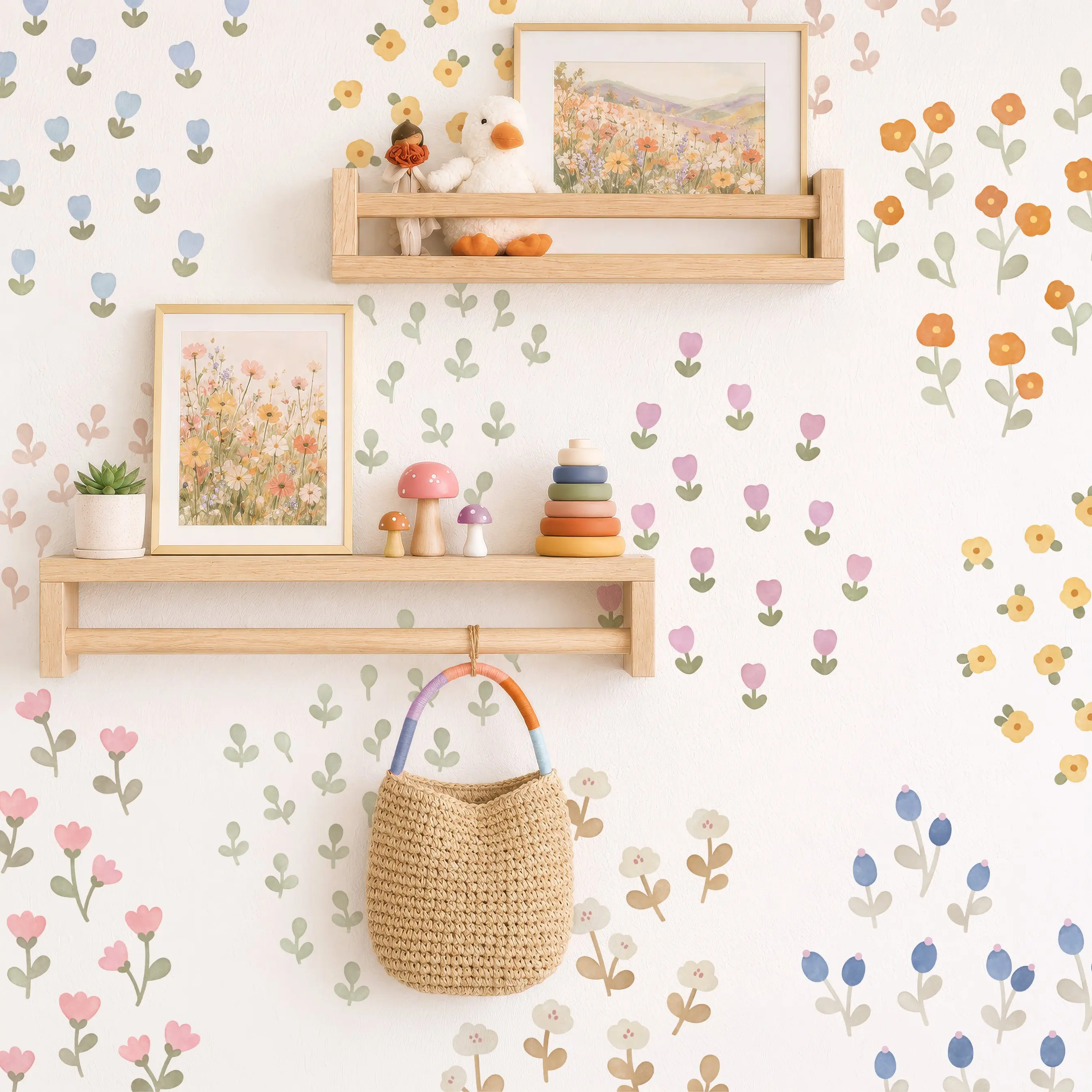 Flower Field Wall Decals - Removable & Reusable Fabric Wall Stickers, Easy Peel & Stick Application, Matte-Finish Renter-Friendly Floral Wall Decor
