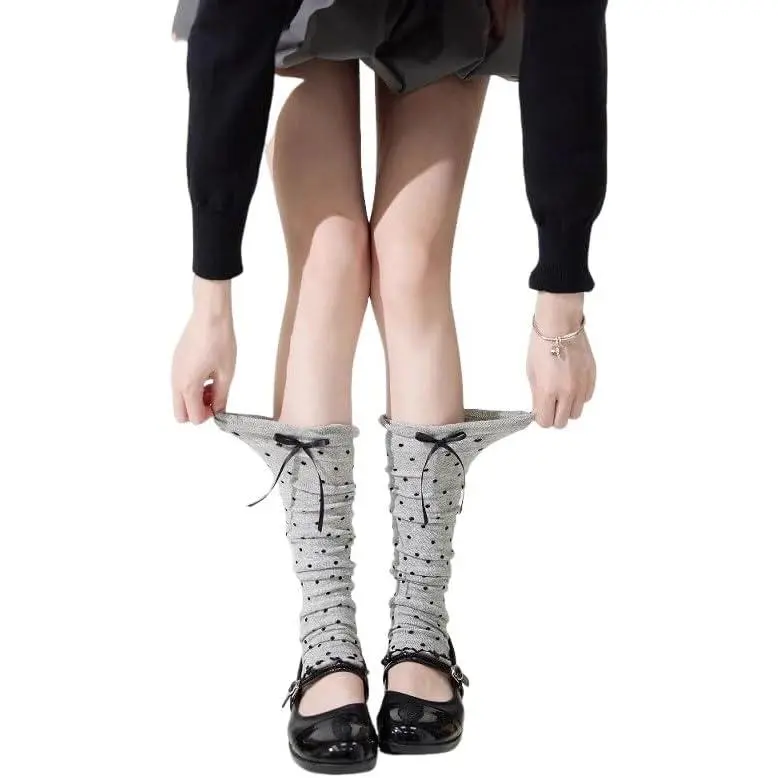 Women Y2k Leg Warmers Bowknot Polka Dot Ruffled Knitted Cotton Socks JK Style Sweet Girls Lolita Long Socks