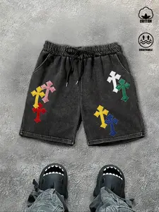Men's Plain Embroidery Design Cotton Breathable Summer Shorts with Pockets, Loose Casual Street Fashion Drawstring Waist Shorts for Summer, Men's Bottoms for Daily Wear