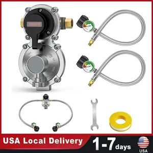 Rv Propane Regulator 2 Tank Hoses, LP Gas Regulator 2-Stage Auto Changeover Kit, Dual Tank Hoses with Propane Tank Gauge, Two-Cylinder Connection Setup for Camper & Trailer Gas Systems