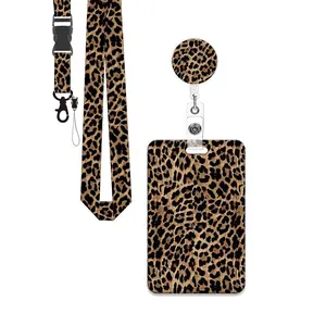 Leopard Print Badge Holder Set with Lanyard and Card Case, Teacher ID Badge Clip, Retractable Badge Roll, Home Office Document Holder, Retractable Badge Reel