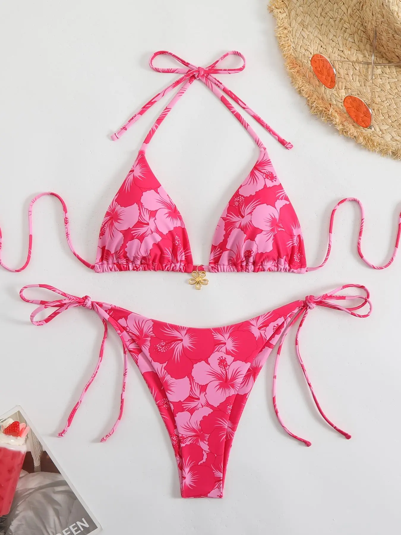 Two-Piece Set Women's Floral Print Bikini Set, Flower Print Bikini, Casual Fashion Chic Swimsuit Set for Beach Holiday Vacation, Ladies Swimwear for Summer, Bikini Swimsuits, Swimwear Sets, Printed Bikini Set
