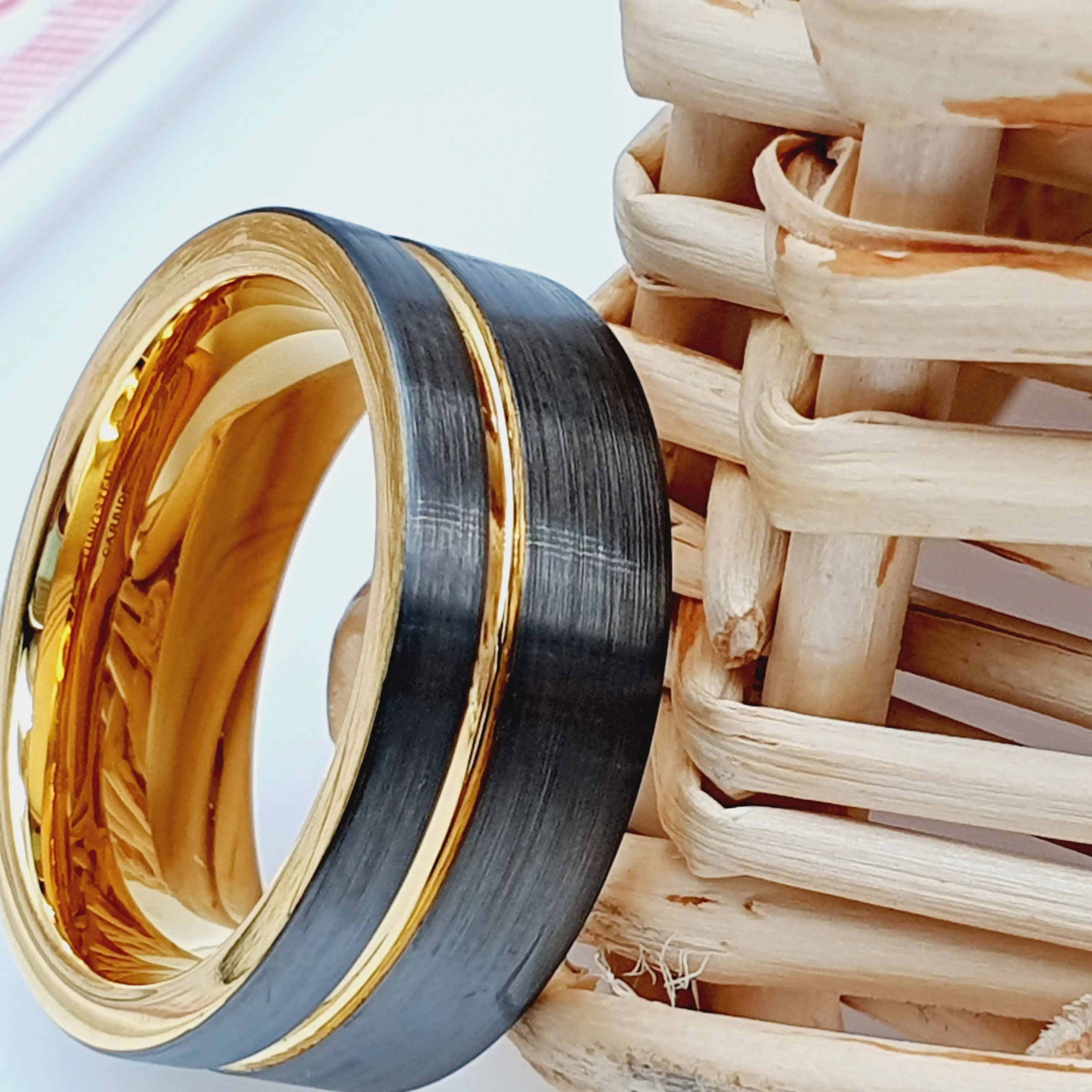 Yellow Gold Wedding Band, Gunmetal Tungsten Ring, 8MM Couple Ring for Anniversary, Engagement, and Weddings