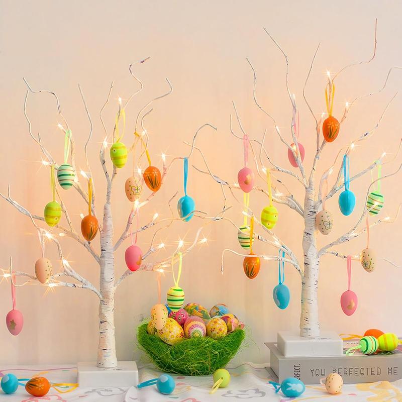 EAMBRITE Easter Decorations Lighted White Birch Tree with 18x2 Eggs Ornaments, 24 LED Lights, Battery Powered Timer, Tabletop Centerpiece for Spring Home Decor, 2 Pack