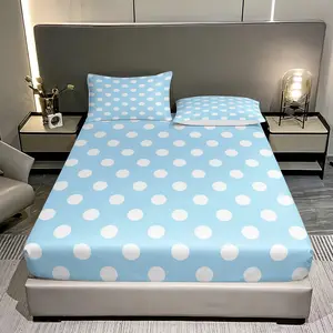 Three pieces with blue background and white polka dot pattern Print Bed Sheet Set (1 Fitted + 2 Pillowcases), Casual Style, Home Dormitory High Definition Printed Sheets