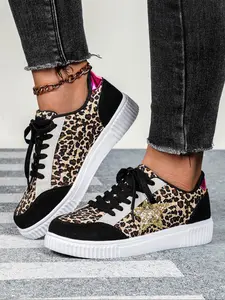 Women's Fashion Leopard Patchwork Print Lace Up Low Top Trainer Patchwork Design Sneakers, Casual Comfortable Breathable Sports Shoes, Female All-match Round Toe Walking Shoes for Daily Wear