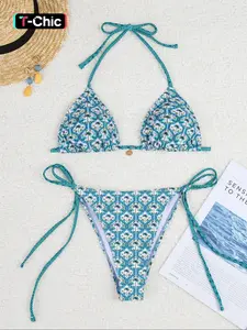 Women's Tropical Coconut Tree Print Bikinis Set, Halter Triangle Swim Bra & Knot Side Swim Panty, Fashion Chic Ladies Bathing Suit for Summer Beach Holiday Vacation, Tropical Print Swimsuit