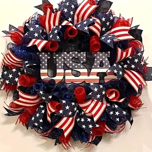 1pc 24" July 4th Patriotic Wreath - Red White & Blue American Flag Design with Stars, Stripes & USA Lettering, Durable Plastic Front Door Decor for Memorial Day, Independence Day, Indoor/Outdoor Wall Holiday Home Decor