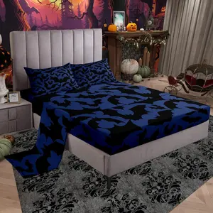 Halloween Themed Bed Sheet Set for Boys Girls,Black Bats Animal Print Bed Sheet Set,Bedding Set,Dark Navy Blue Color Fitted Sheet and 1 Flat,2 Pillow Sham