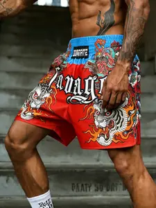Men's Muay Thai Shorts with Tiger & Floral Print, Combat Training Boxing Trunks for Kickboxing, MMA & Streetwear