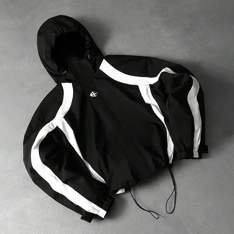 Contrast Stripe Cropped Hooded Windbreaker Jacket Unisex Adjustable Drawstring Hem Full Zip Lightweight Color Block Techwear Urban Streetwear Casual Hooded Outerwear Coats Love