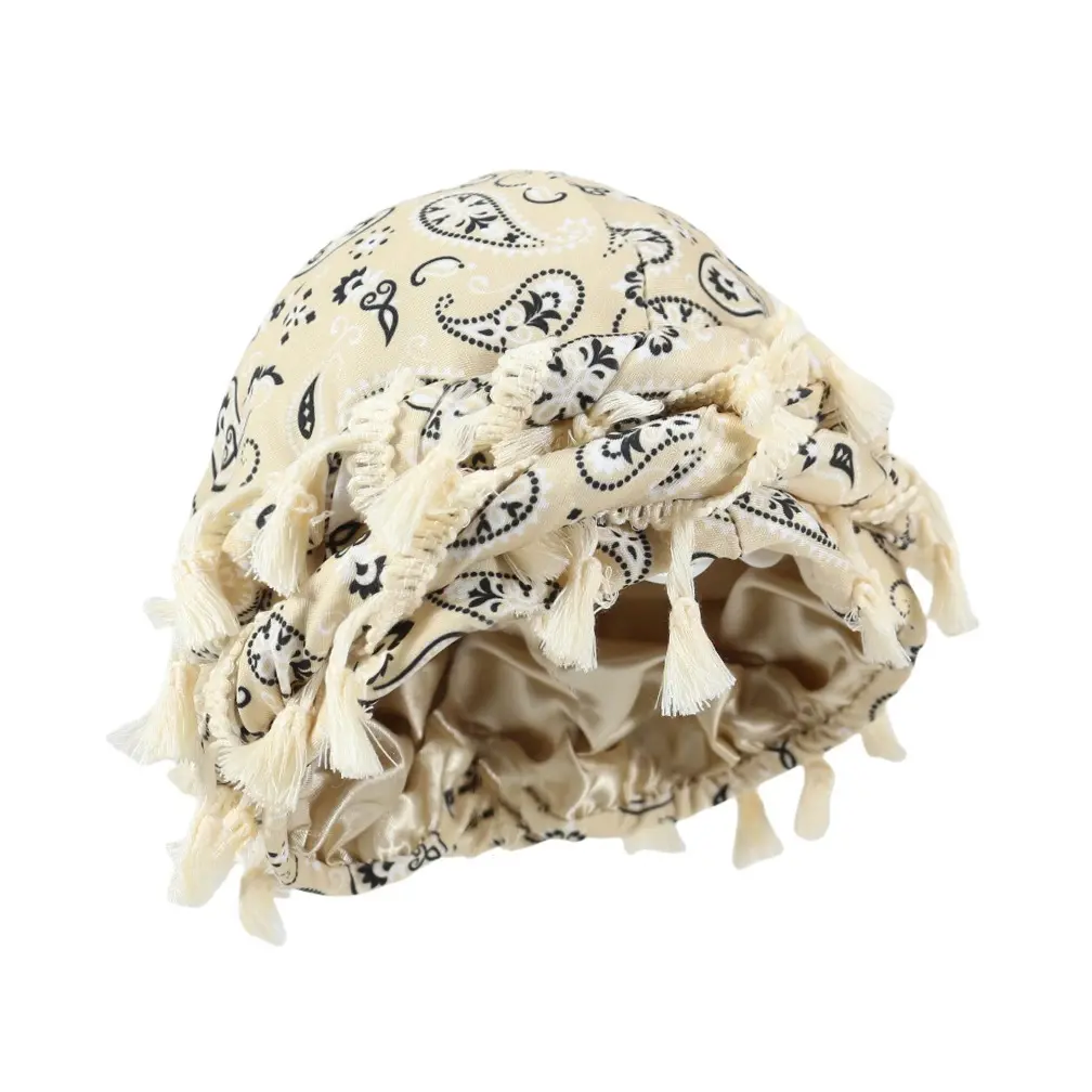 Breathable stretch unisex paisley print turban hat with arabic fashion stretch hood and tassel detail Breathable stretch unisex paisley print turban hat with arabic fashion stretch hood and tassel detail