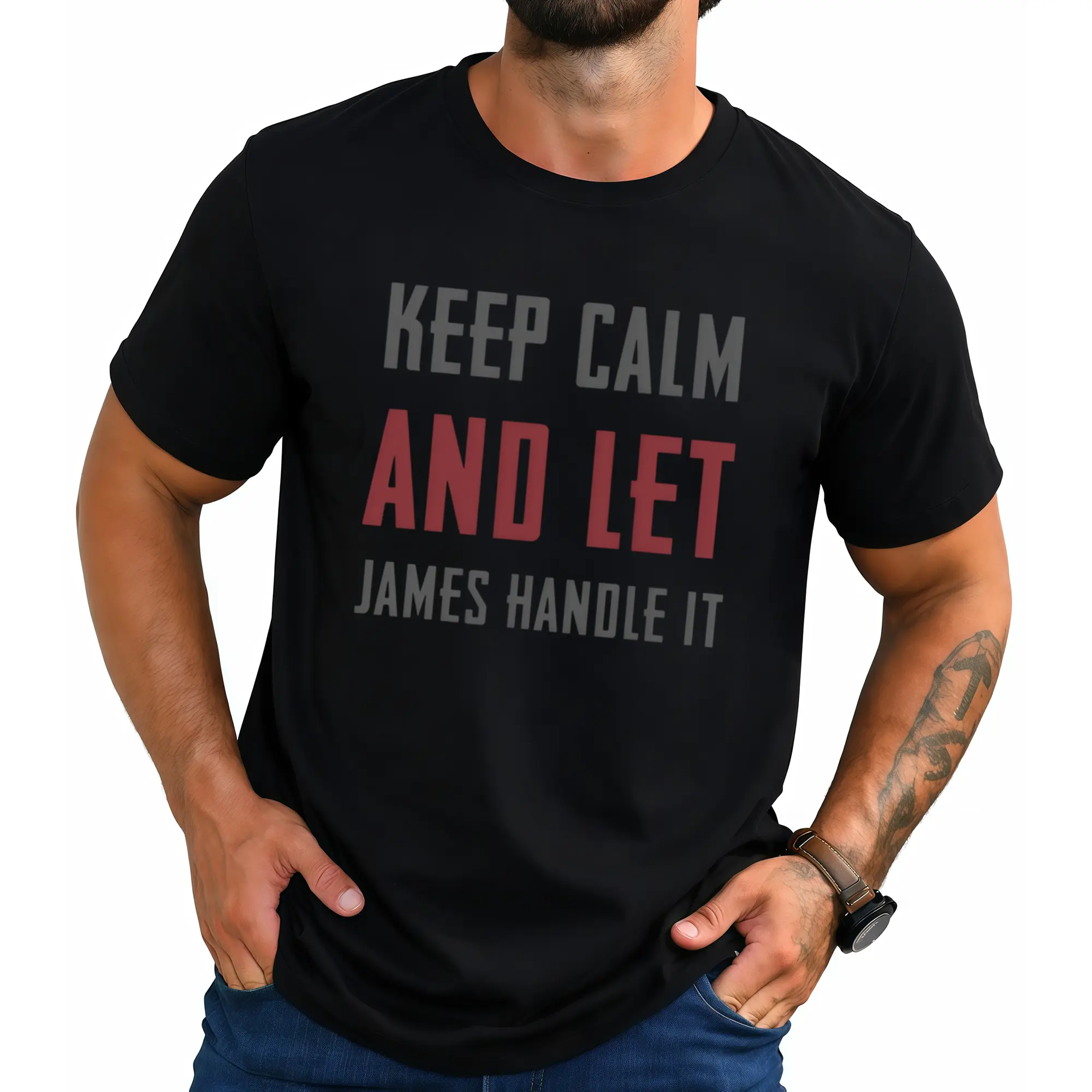 Keep Calm And Let James Handle It Print Men's Crew Neck Short Sleeve T-shirt, Comfy Versatile Tee For Summer Wear