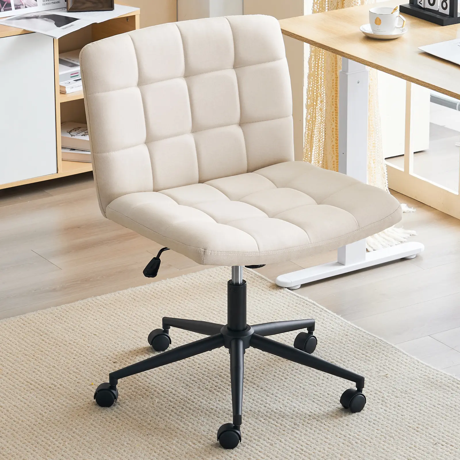 Furnimart Wide Armless Desk Chair with Wheels, Mid Back Swivel Faux Linen Criss Cross Chair for Home Office, Height Adjustable Wide Seat Task Chairs