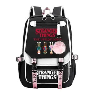 Stranger Things Trendy Youth Laptop Backpack,11.4''×18.1'' Large Capacity Multi Pocket School Bag with Pom Pom Charm, Adjustable Breathable Straps Perfect Back To School Gift