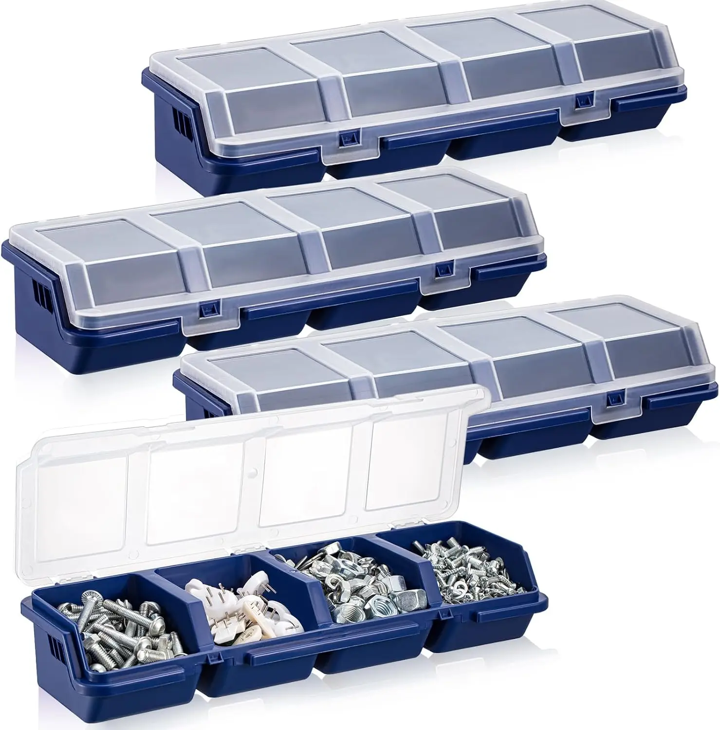 4 Pcs Small Parts Organizer Box with Lid – 4-Compartment Plastic Hardware Sorting Bin, Stackable Nut and Bolt Storage Tray Divider for Workbench, Garage, Craft & Office Accessories