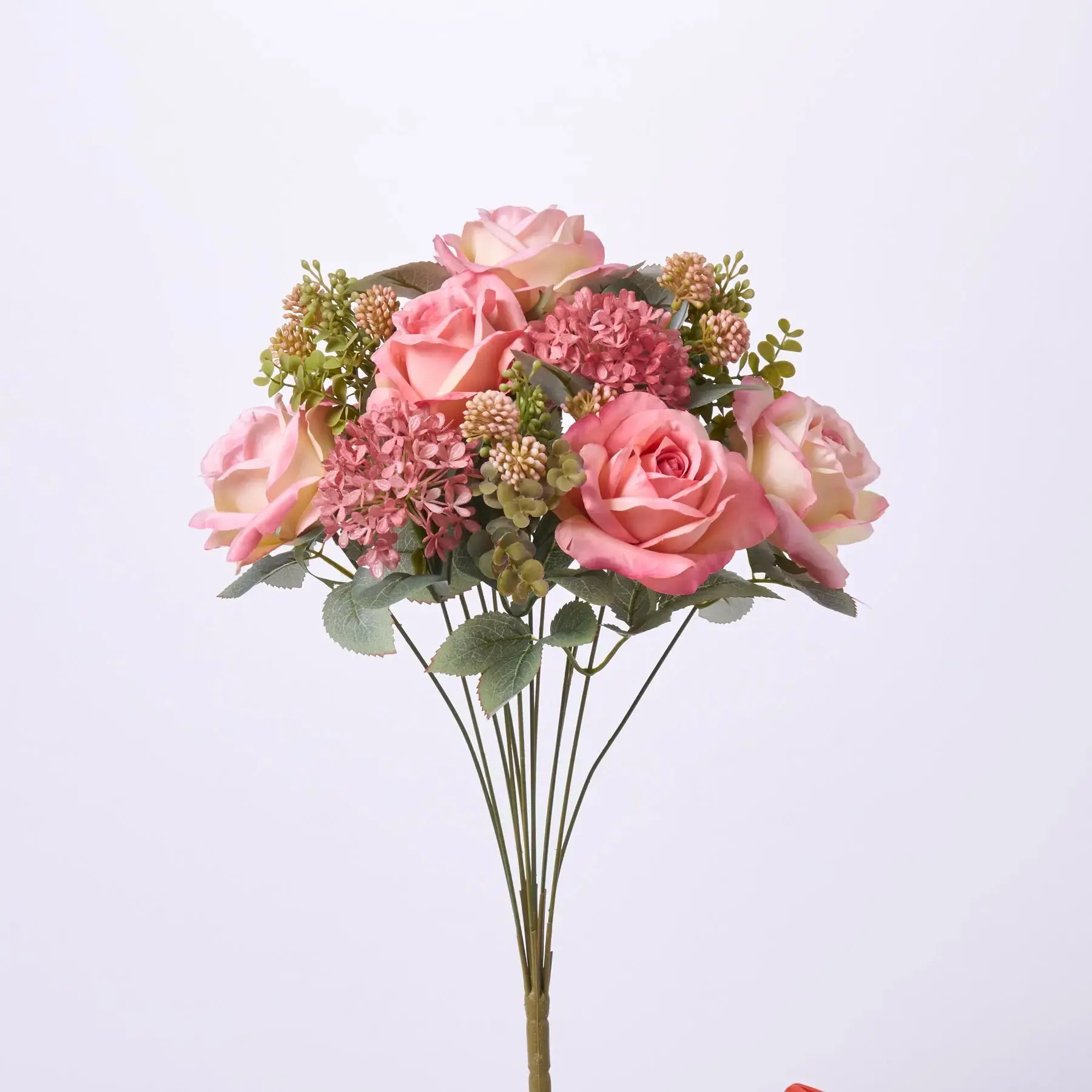 19" Artificial Faux Silk Pink Hydrangea & Rose Bush Bouquet with Leaves, Floral Decor Leaf Centerpiece for Home Room Decor, Bouquet Artificial Flowers, Artificial Pink Flower Arrangement